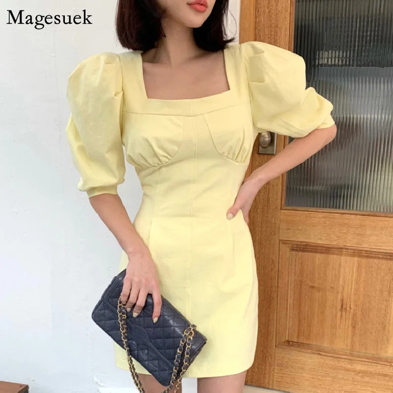 

Женское мини-платье с квадратным вырезом, ТРАПЕЦИЕВИДНОЕ ПЛАТЬЕ с высокой талией и рукавами-фонариками в Корейском стиле ретро, лето 15590