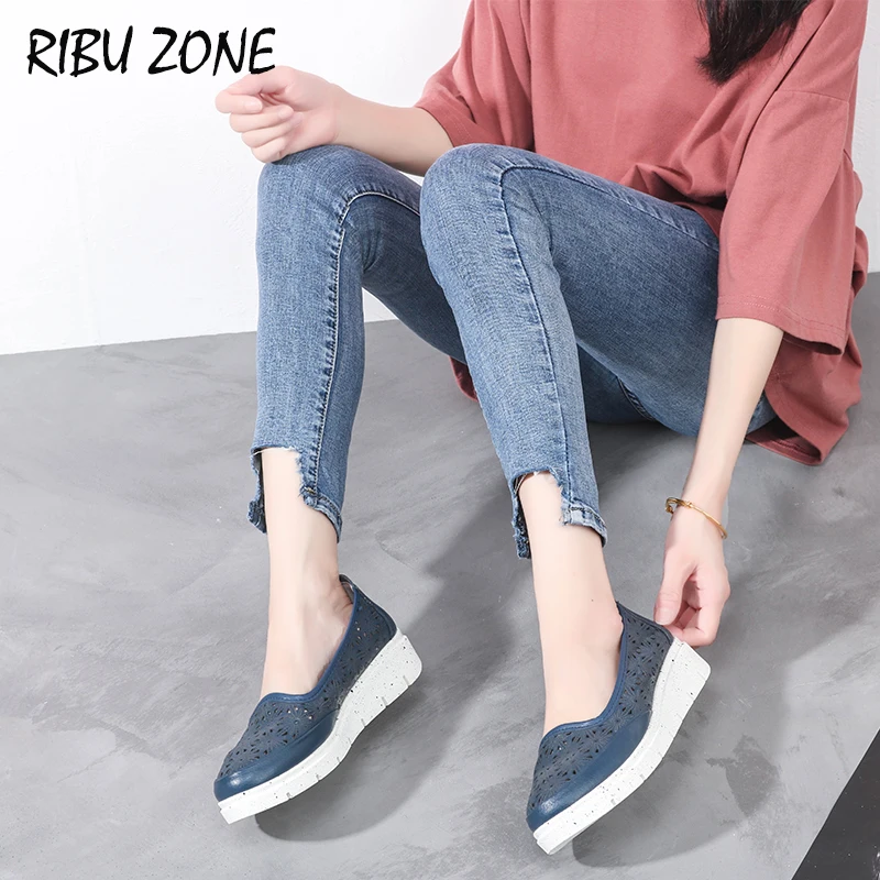 

RIBU ZONE WOMEN SHOES Genuine leather Punching Breathable shoes woman sandalie Loafers