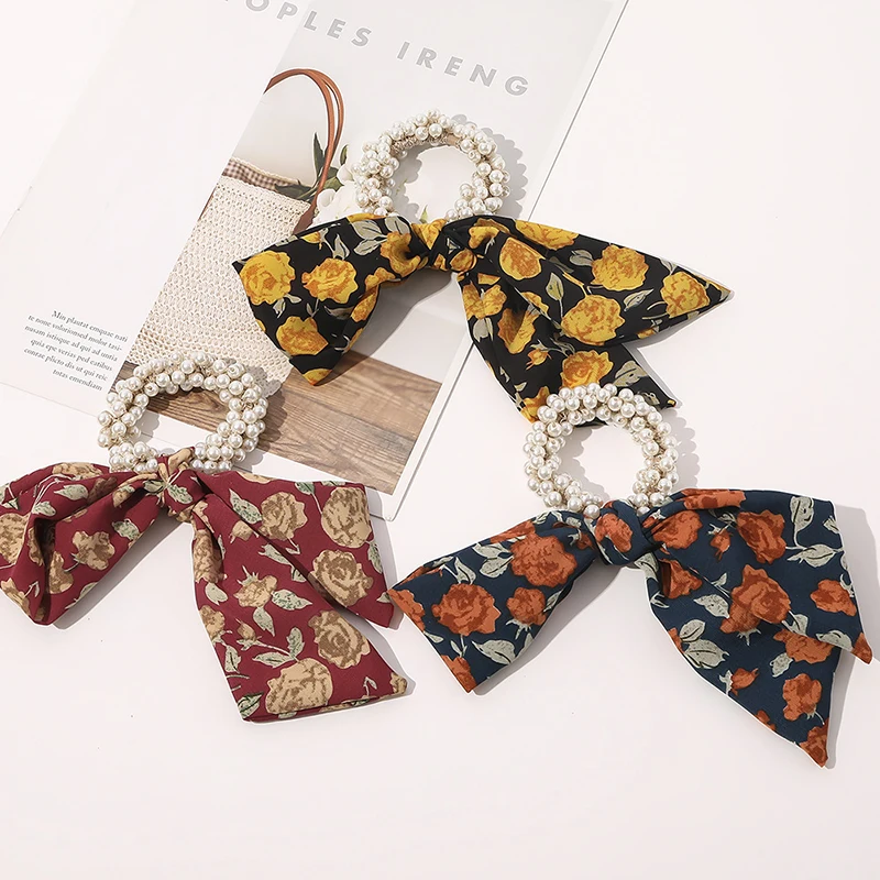 

New Korean Style Women Girls Vintage Flower Pearls Hair Ties Hair Ropes Rubber Band Elegant Bowknot Ribbon Fashion Ins Headwear