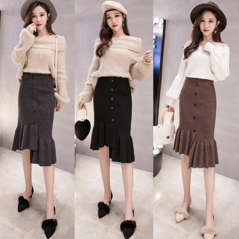 Осенне-зимняя женская трикотажная юбка на бедрах высокая посадка пуговице Falbala