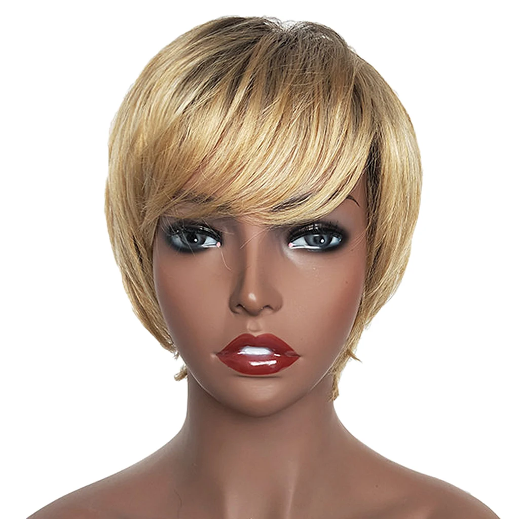 

Natural Looking Short Straight Layered Bob Wigs Human Hair Full Wig For America and Africa Women W/ Bangs 8 Inch
