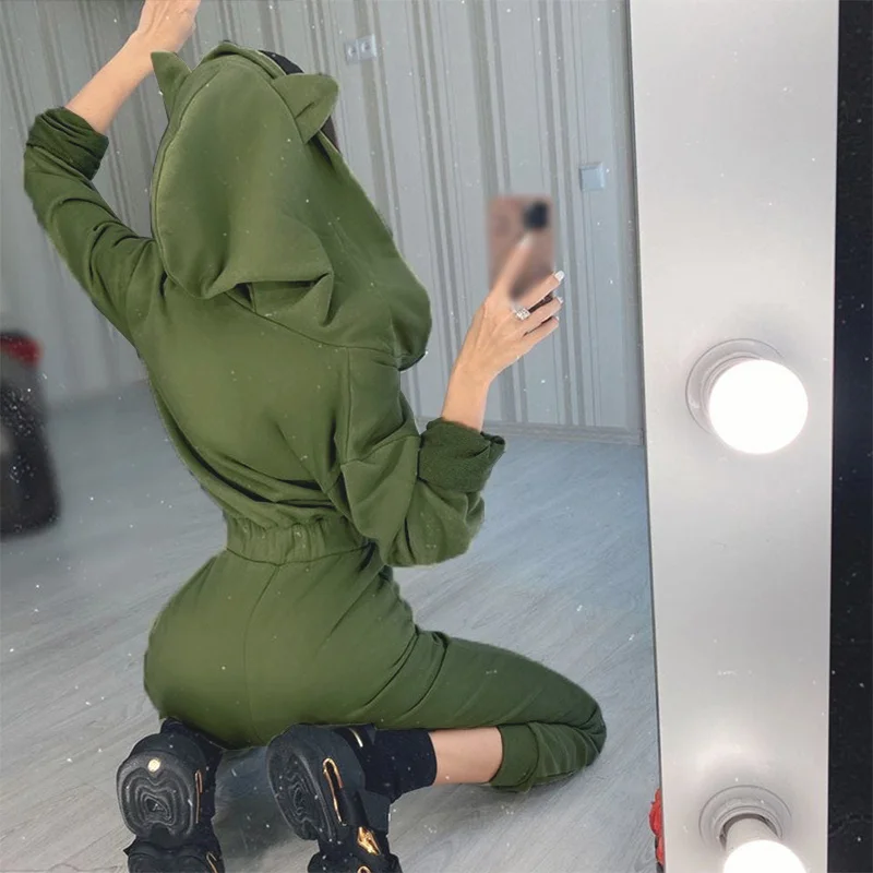 

Solid Kawaii Cat Ear Jumpsuit Womens Long Sleeve Zipper Pocket Overalls for Women 2020 Spring Fashion Homewear Female Bodysuit