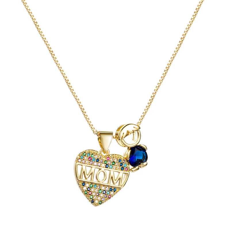

King Shiny Exquiste Heart Shape Mom Pendant Necklace Fashion Cubic Zirconia Figure Copper Necklace for Woman Mother's Day Gifts