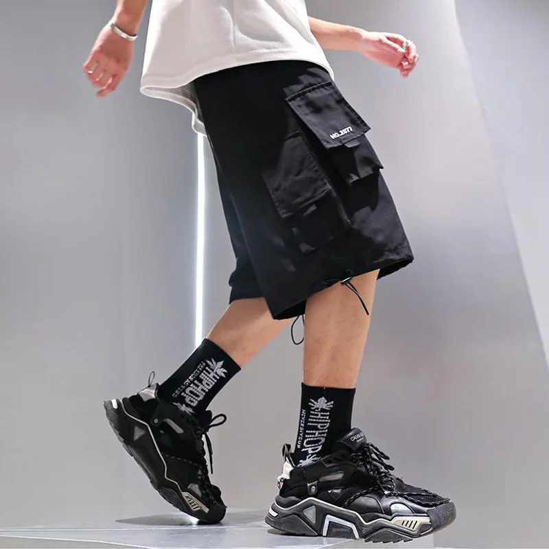 

HiHoodie Summer Shorts Cargo Pants Men Joggers Black Stylish Pocket Ribbons Japanese Streetwear Hip Hop Shorts Casual Pants