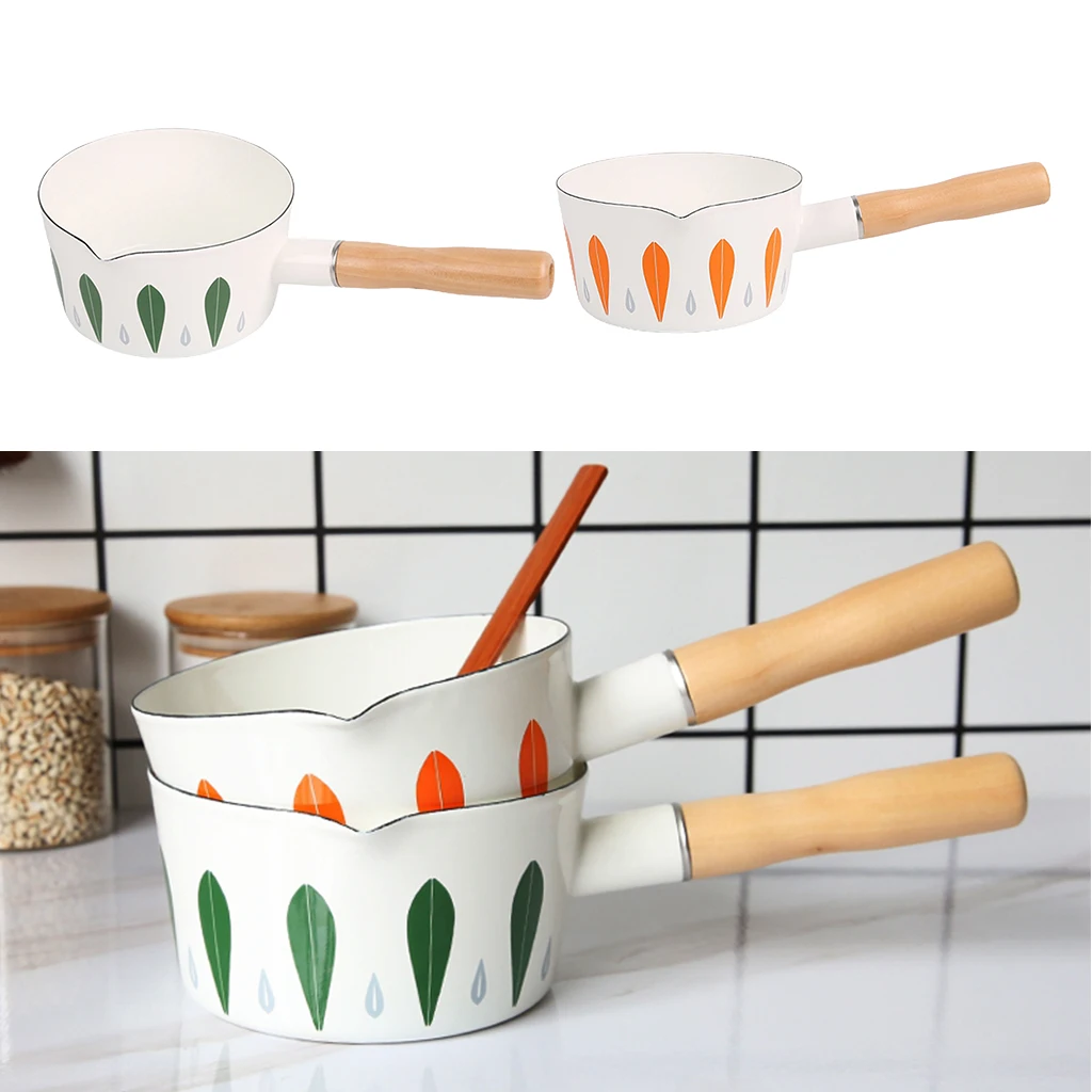 

Small Enamel Milk Pot Baby Food Cooking Pan Skillet with Wooden Handle Soup Pot