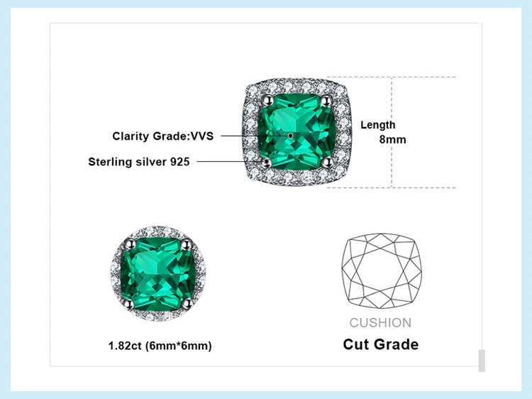 Jewelrypalace Подушки 2.1ct создания Изумрудный Halo Серьги-гвоздики Твердые 925 стерлингов серебряные серьги Красивые ювелирные изделия