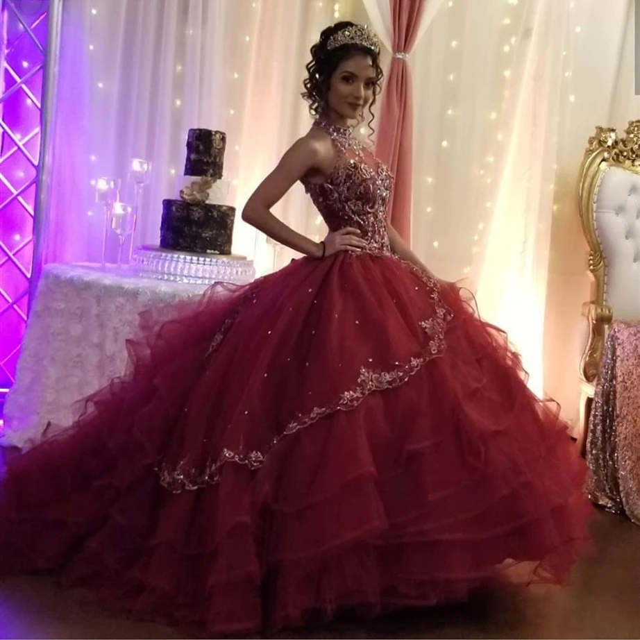 2020 vestidos красное вино сладкие пышные платья королевские кружевные аппликации из