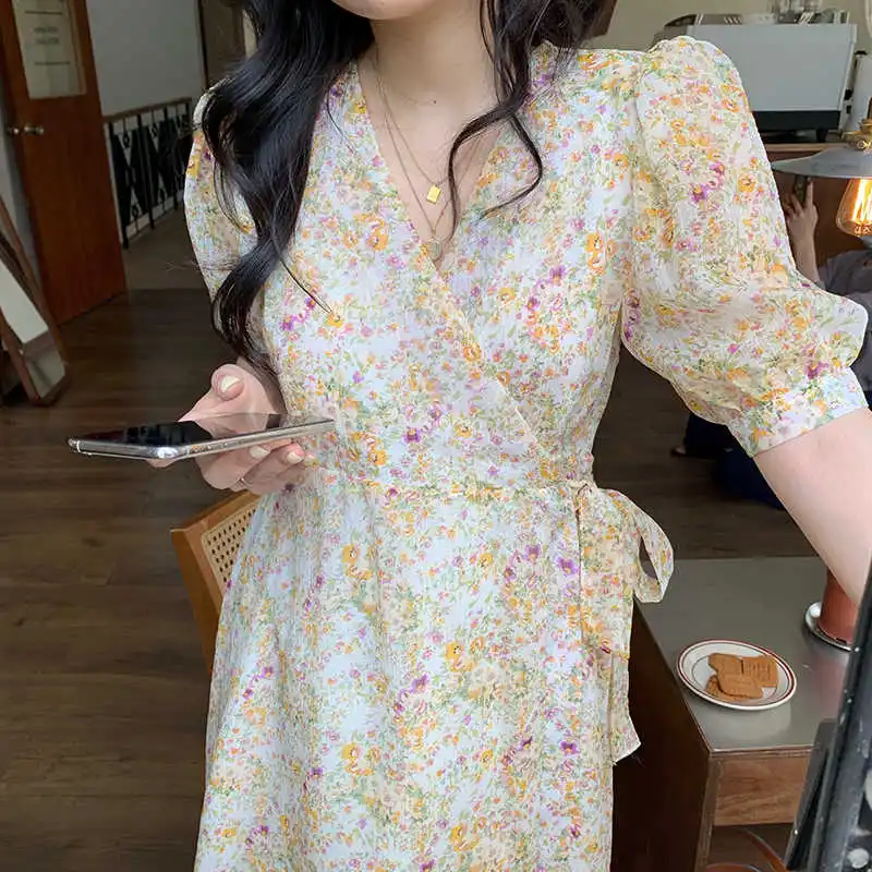 

Women Summer Elegant V-Neck Floral Print Dress Lace Up Vestidos Chiffon Short Sleeve Female Sundress