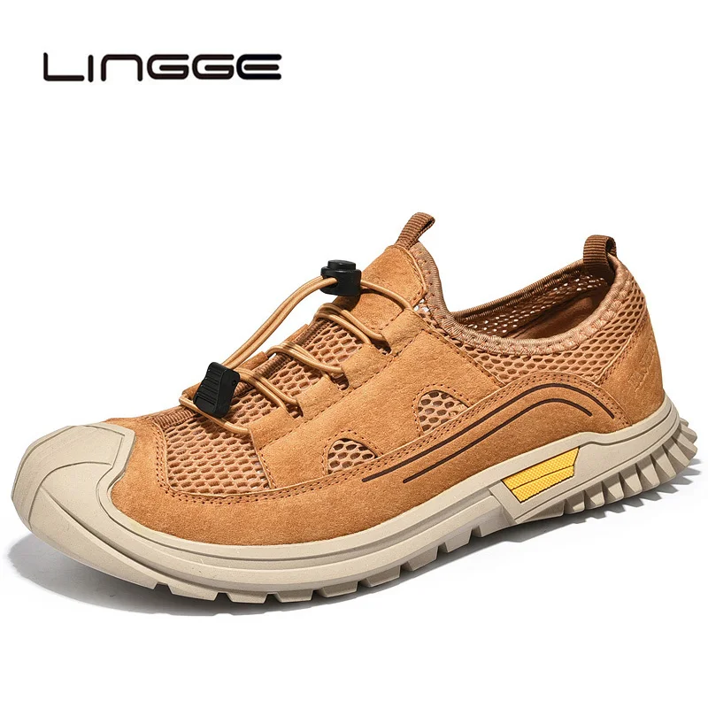 

LINGGE New Breathable Men Casual Shoes High Quality Cow Suede Handmade Sneakers Lightweight Loafers Driving Shoes Big Size 38-45