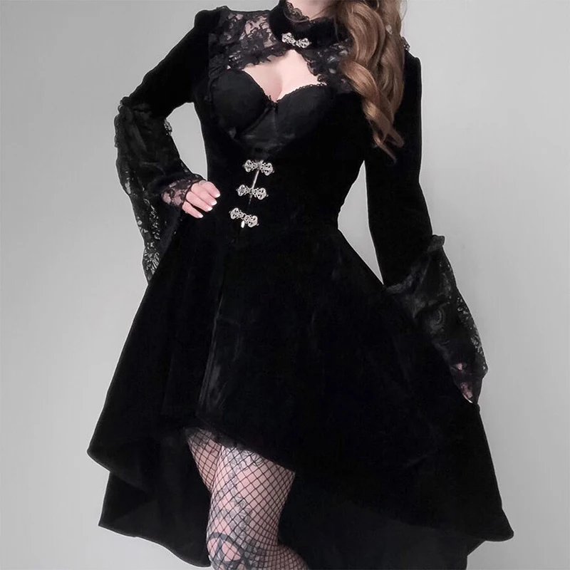 Винтажное кружевное платье Goth Dark вечерние тическое черное с длинным рукавом на
