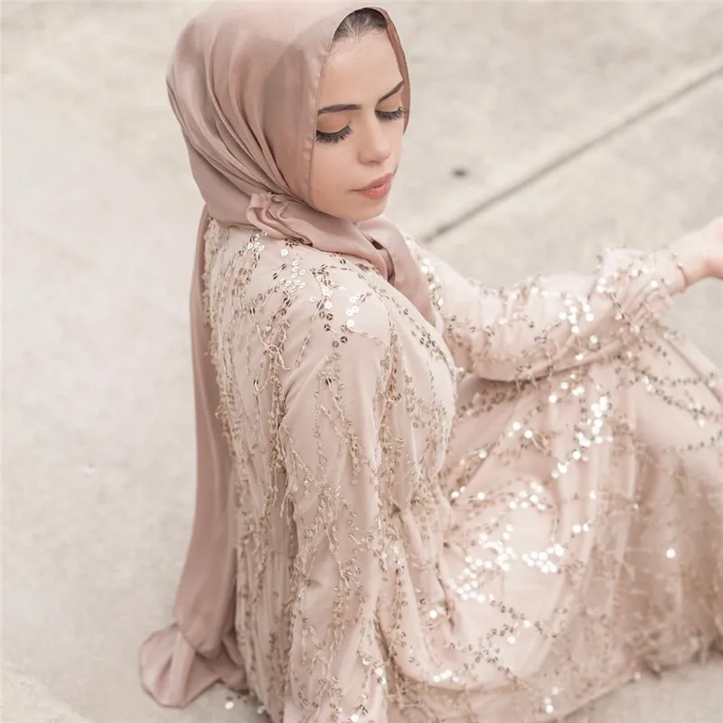 new designs product solid color sequins elastic waist fashion robe tulle skirt Muslim women dress abaya