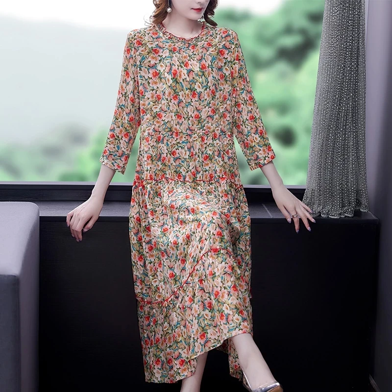 

Spring Autumn Casual Print Mulberry Silk Beach Midi Dress2021 Vintage M-4XL Plus Size summerChiffon Dress Elegant Women Vestido