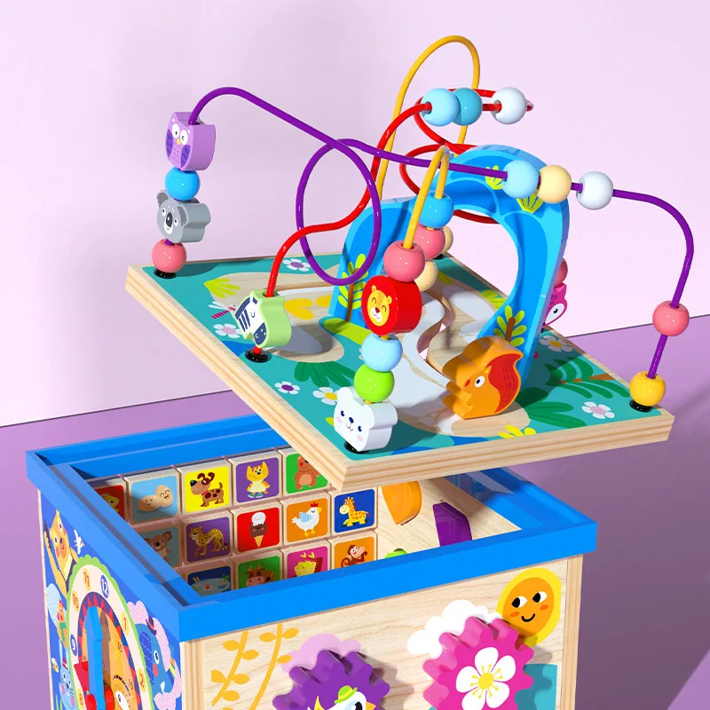 Wooden Multipurpose Activity Cube Toys Montessori Educational Early Learning Around Bead Maze Animal Cognition Children's | Игрушки и
