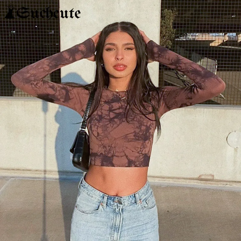 

SUCHCUTE Tie Dye Printed Women Crop Tops Skinny Long Sleeve O Neck Vintage Aesthetic T-shirts Harajuku Casual Streetwear Tee