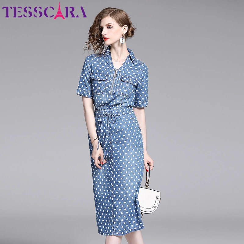 Женское джинсовое платье рубашка TESSCARA винтажное длинное Повседневное карандаш в