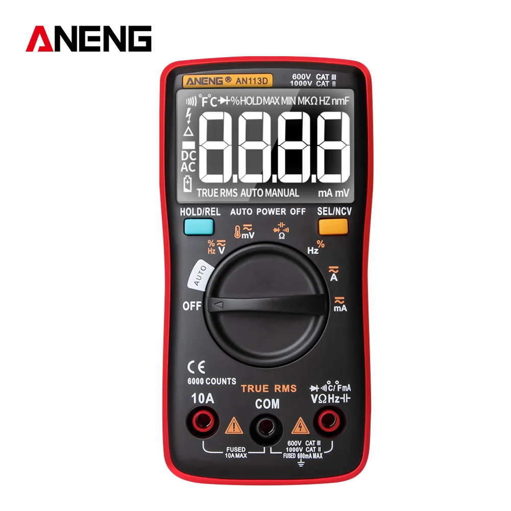 AN113D Digital Multimeter 6000 Counts Electrical Transistor Tester Temperature Auto Ranging AC/DC Voltage Meter for Electrician