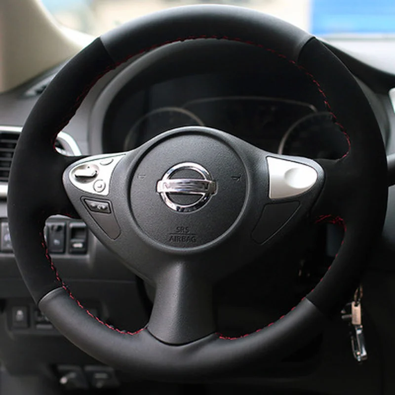 

For Nissan New Bluebird Sylphy DIY custom black suede leather car interior steering wheel cover car accessories