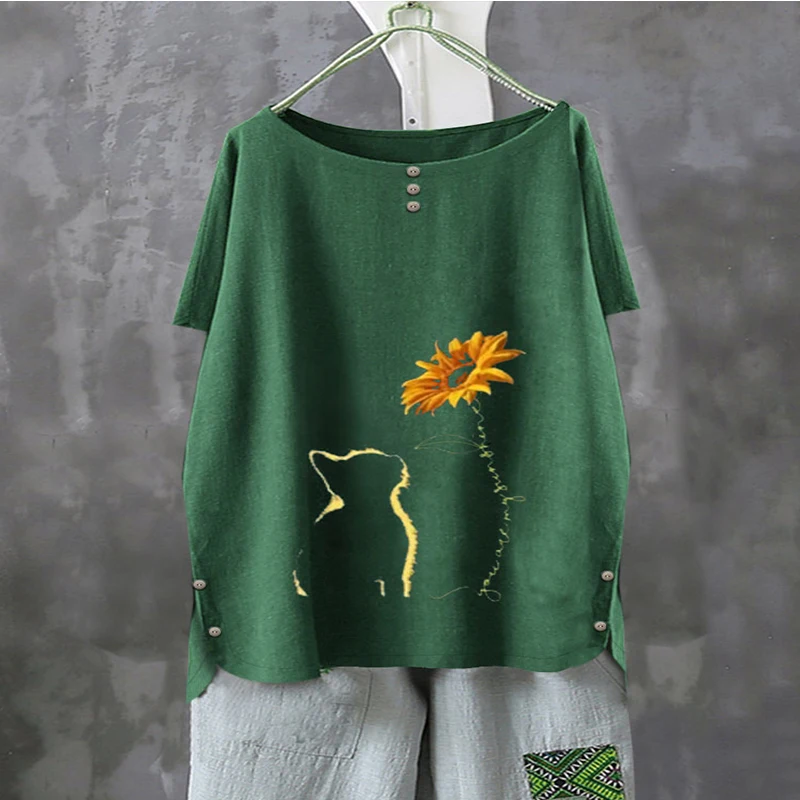 M-5XL de algodón de manga corta para mujer, blusa holgada informal de talla grande con cuello redondo, talla grande