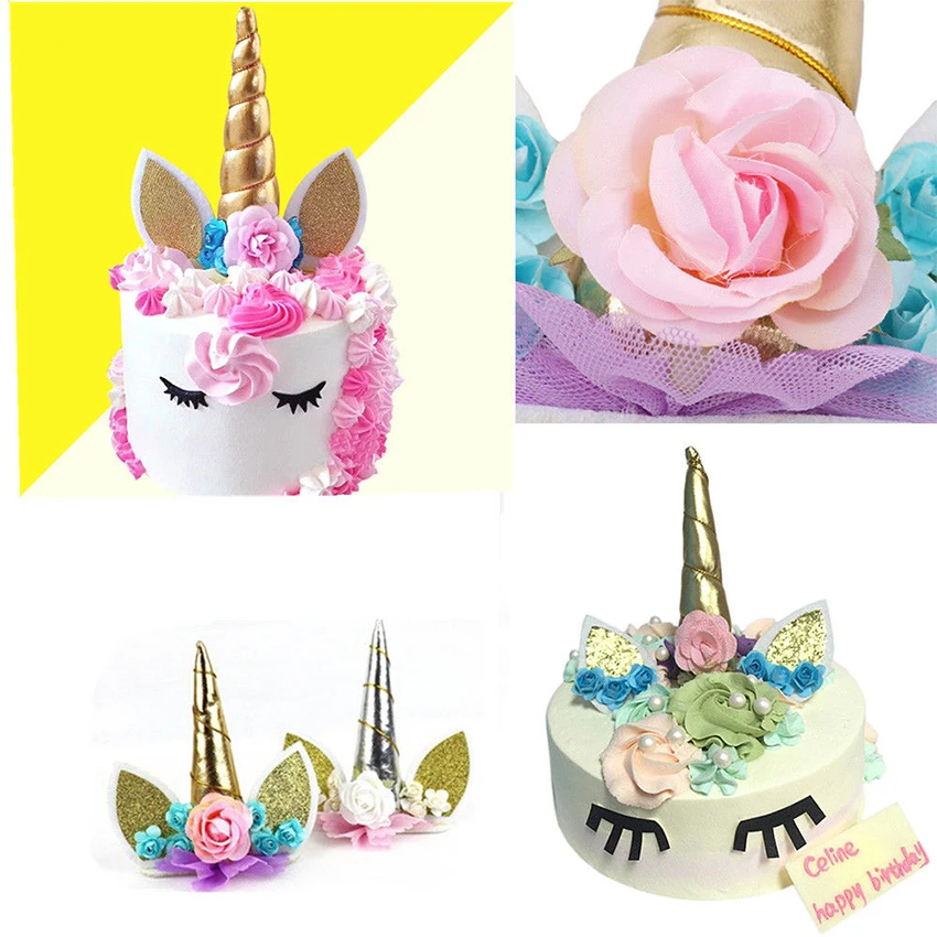 Золотой Серебряный Розовый Единорог рога торт Топпер дети день рождения ребенка