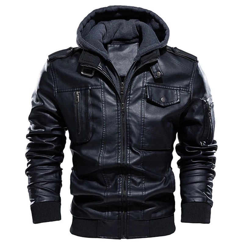 

Motorcycle Jacket Men Casual PU Leather Jackets Man Winter Thick Warm Vintage Hooded Collar Club Bomber Leather Coats chaqueta