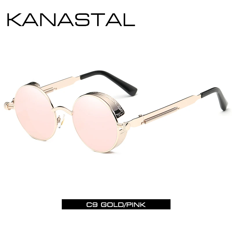 gold pink Круглые Солнцезащитные очки в стиле стимпанк, зеркальные Мужские и женские очки в стиле панк, брендовые дизайнерские ретро очки в оправе, винтажные весенние солнечные очки UV400 - Цвет линз: gold pink