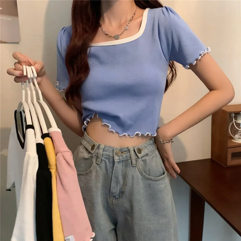 

LJSXLS Summer Square Collar Women's T-shirt Solid Crop Top Knitted Blue Short Sleeve Tshirt Women Sweet Casual Tee Shirt Femme