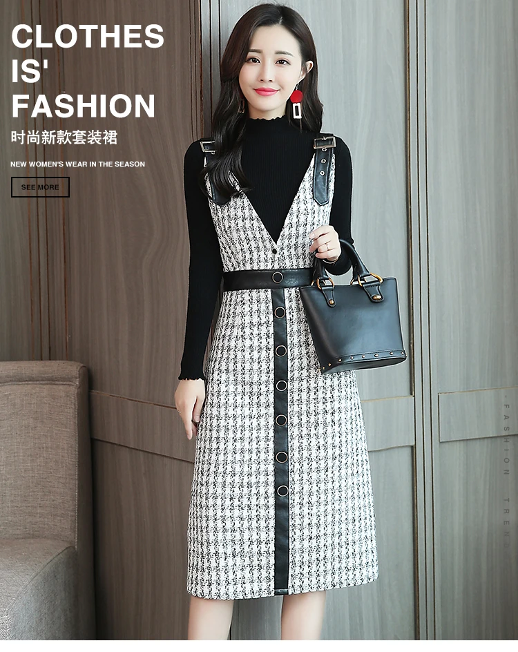 dress sweater Платье на тонких бретелях, женские зимние платья, офисный Женский Топ с длинным рукавом, однобортный комплект из 2 предметов, Осенние костюмы - Цвет: dress sweater