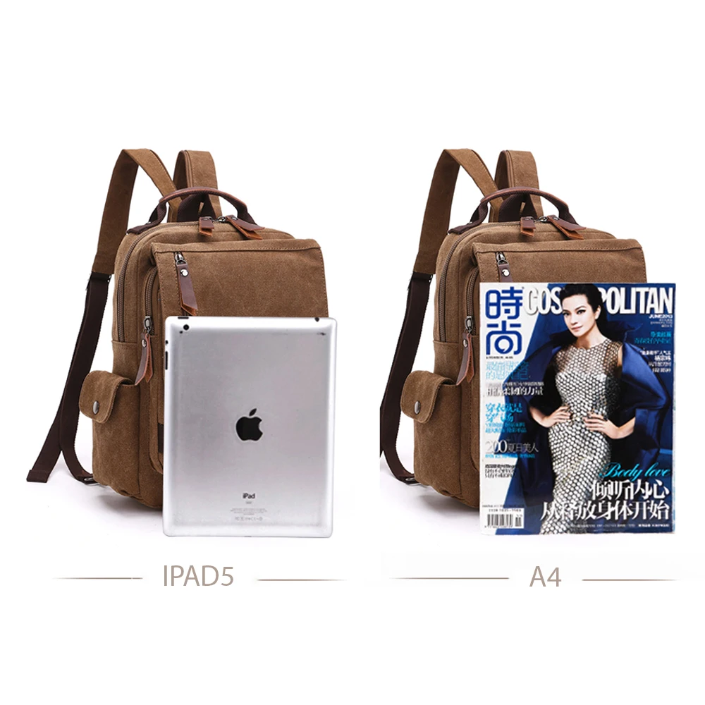 Рюкзак из холста для школы и активного отдыха с кожаными ручками и сумкой через плечо (Кофе)