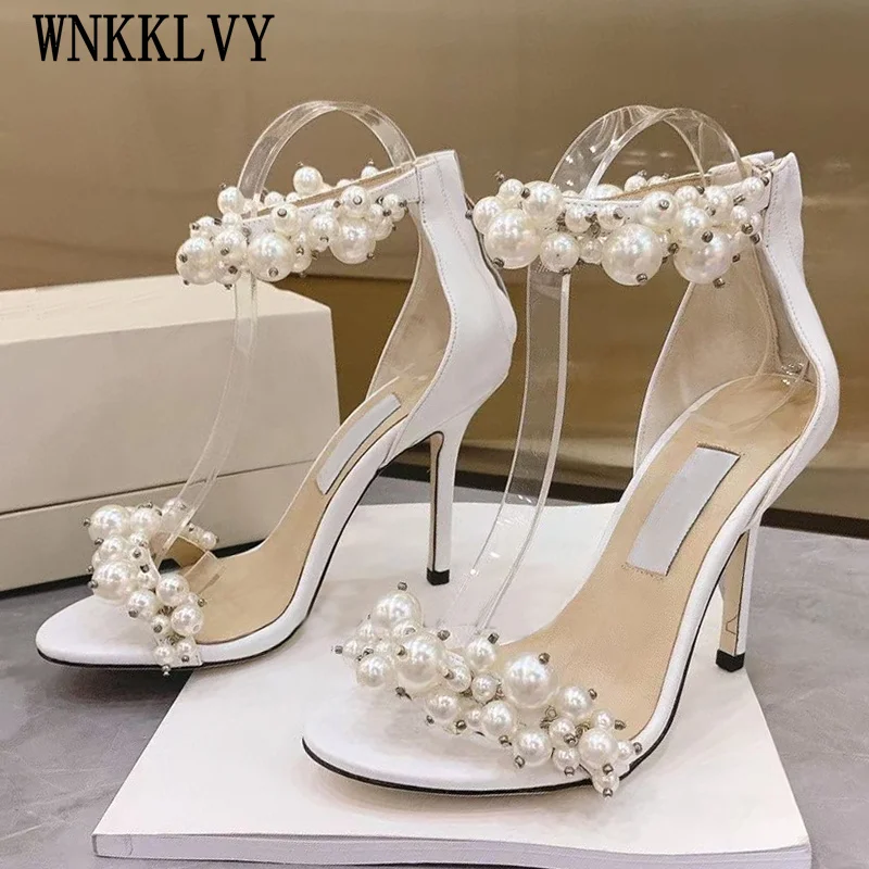 

Spring Summer Thin High Heel Sandals Women crystal pearl Chain Decor Ankle Strap luxury Sandalias Sexy Party Dress Shoes 2021