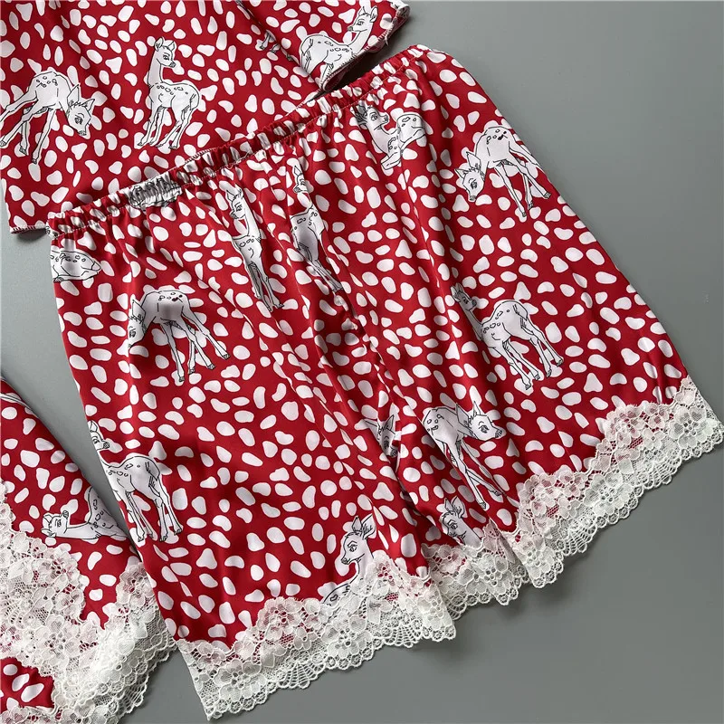 

Loose Women Satin Pyjamas Sleep Set V-Neck Elk 4PCS Printed Sleepwear Pajamas Suit Sexy Kimono Robe Gown Casual Home Clothing