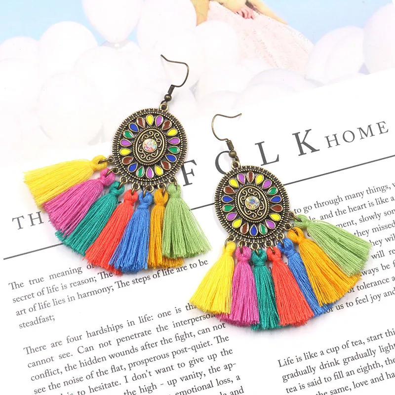 

Retro Splendid India Earrings Women Bohemian Fashion Colorful Tassel Earrings Hot Sale Jewelry Wholesale Gift