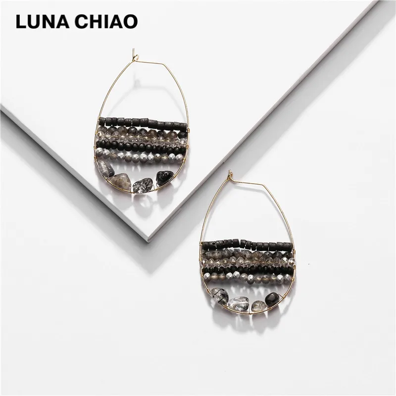 Black LUNA CHIAO осень зима большие серьги кольца дерево натуральный камень бисером Boho массивные серьги для женщин - Окраска металла: Black