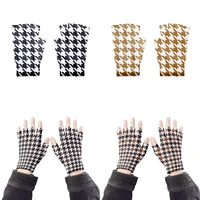 japanese checkered knitted gloves winter unisex half finger running gloves men women touch screen fingerless windproof