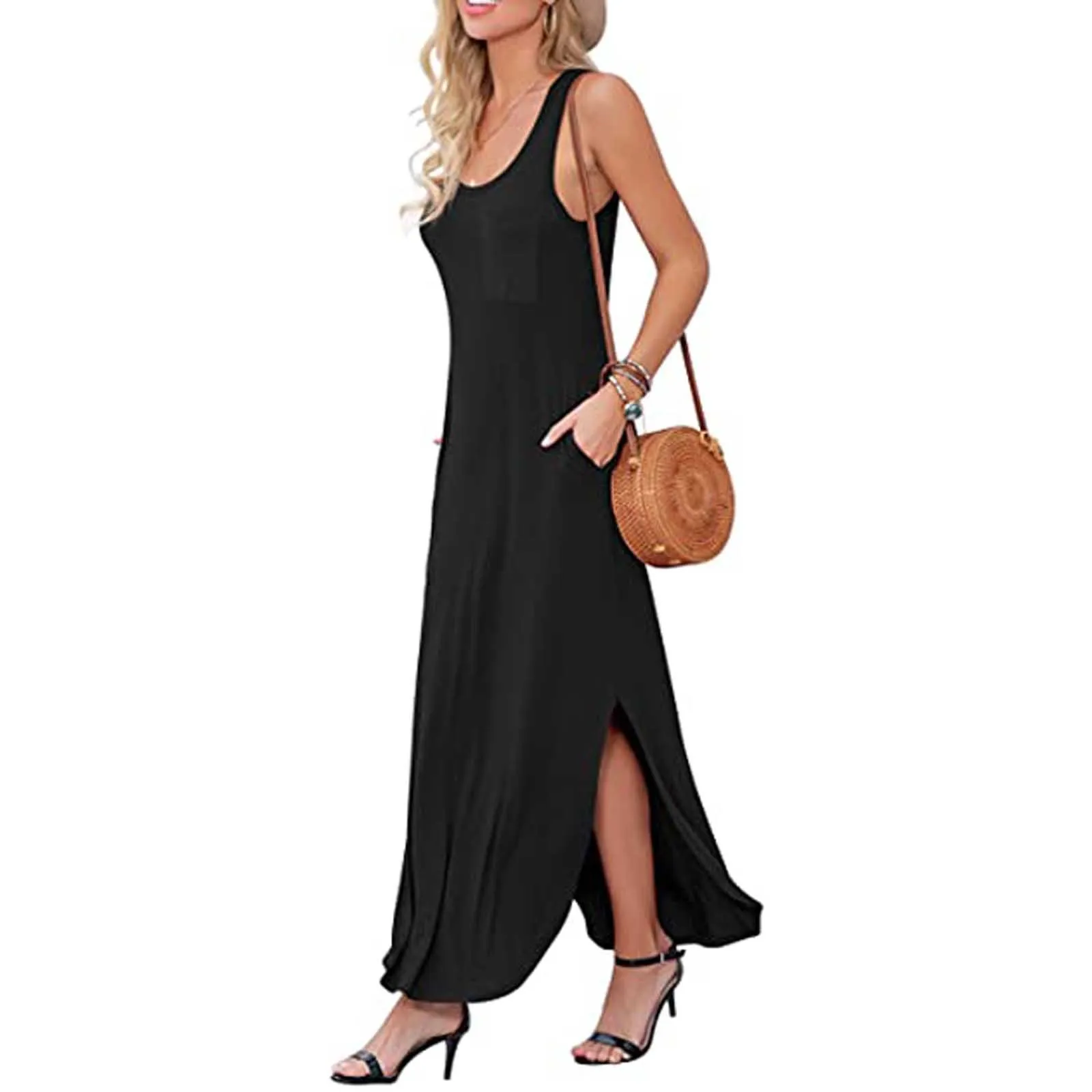 

Summer Straight Boho Beach Long Maxi Dress Women Vintage Print Square Neck Split Tank Top Dress Casual Skinky Vestidos