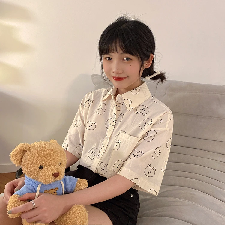 

New Summer Preppy Style Women Shirt Harajuku Kawaii Bear Cartoon Blouses Female Jk Uniform Short-sleeve Cotton Blouse Tops Mujer