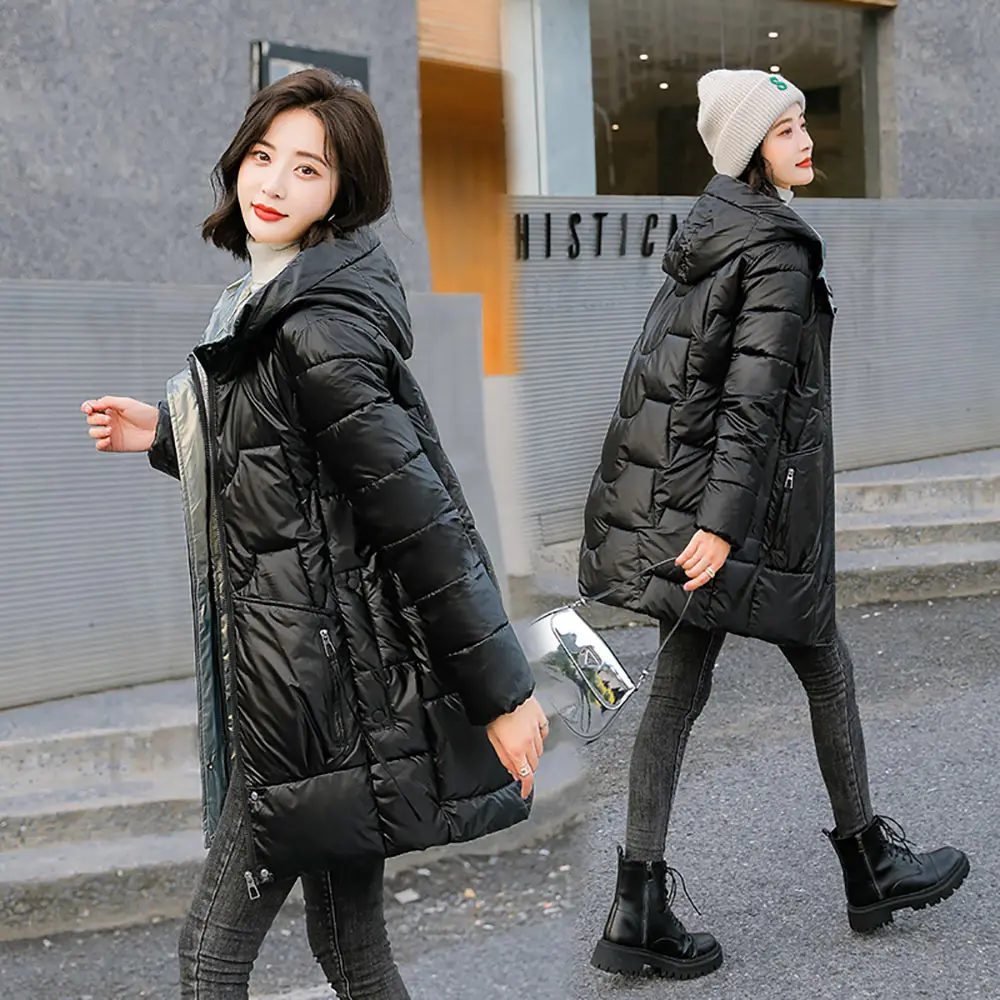 PinkyIsBlack New Winter Thicken Women's Puffer Coat Glossy Warm Hooded Long Cotton Padded Jacket Ladies Winter Down Cotton Parka