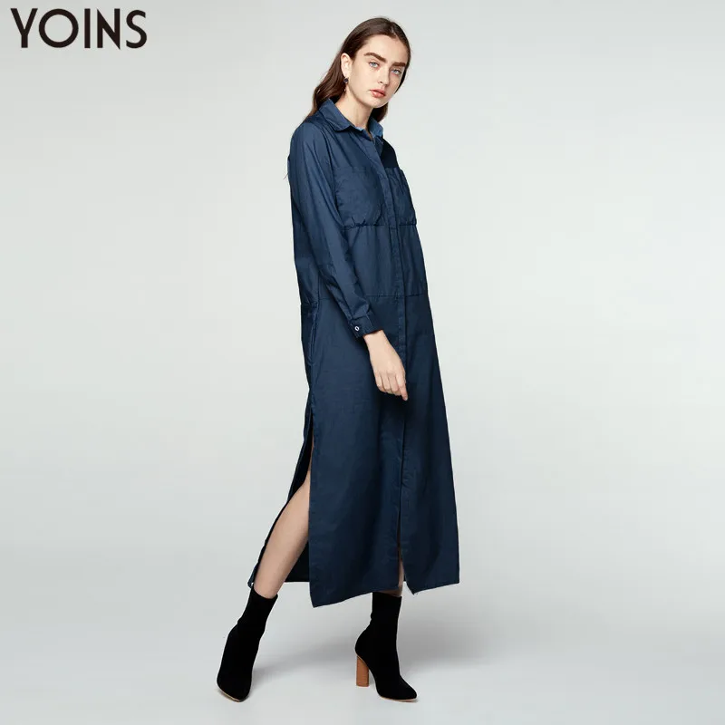 YOINS/женское длинное джинсовое платье рубашка с отложным воротником и длинными