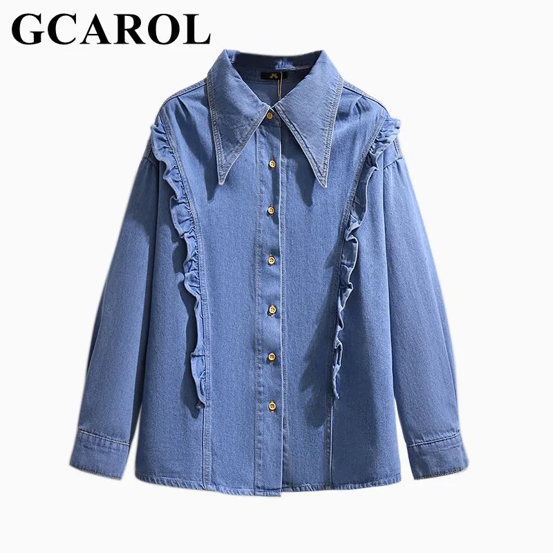 GCAROL 2021 женская Свободная джинсовая рубашка с оборками Весенняя блузка большого