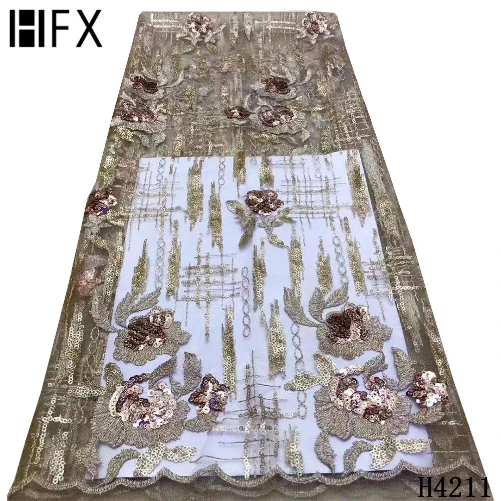 

HFX High Quality Nigerian Sequin Net Lace Fabric 3D Floral Embroidery French Tulle Lace Fabric 2020 For Wedding Dress F4211