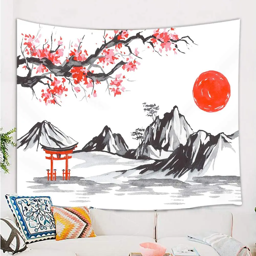 

Japan Anime Tapestry Japanese Fuji Mountain Sakura Red Sun Watercolor Ink Art