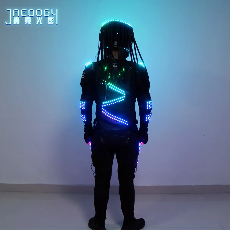 LED glowing robot costume nightclub stage performance fluorescent props predator RGB lighting helmet Halloween clothes | Дом и сад