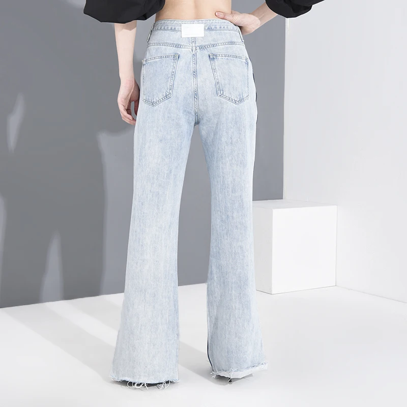 

[EAM] Contrast Color Blue Long Wide Leg Jeans New High Waist Loose Women Trousers Fashion Tide Spring Autumn 2021 1T27605