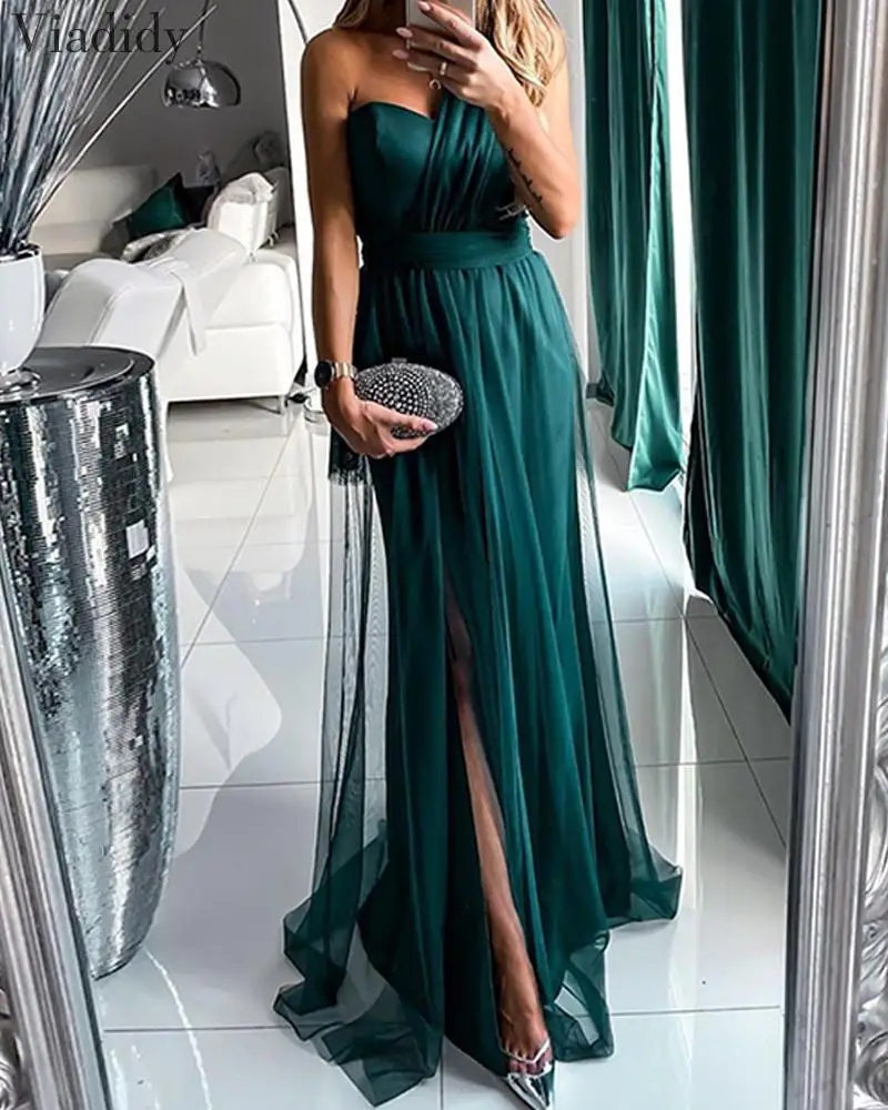 

Women Green Mesh One Shoulder Evening Maxi Dress