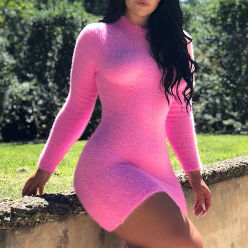 

Winter Plush Warm Sweater Dress Women Long Sleeve Turtleneck Dresses Party Bodycon Mini Dress Knitted Vestidos Female New