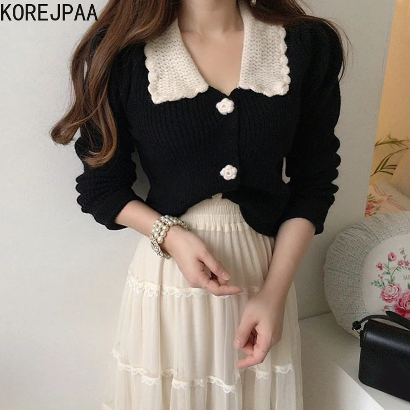 

Korejpaa Women Knitted Sweater 2021 Autumn Winter Korean New Fashion Female Turn-down Collar Long Sleeve Button Up Cardigan