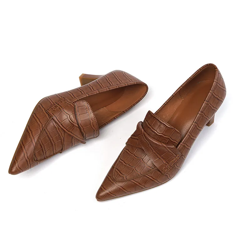 

ANNYMOLI Real Leather Pointed Toe Women Shoes Cow Leather High Heels Slip On Thick Heel Pumps Office Ladies Footwear Brown 33-40