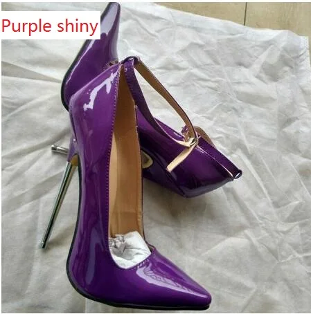 Purple Shiny Женские туфли-лодочки на высоком каблуке 7 дюймов туфли с пряжкой на шпильке с острым носком и ремешком на щиколотке 18 см туфли для танцев на тонком металлическом каблуке красного цвета - Цвет: Purple Shiny