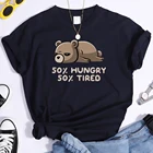 Милый Енот Футболка женская 50% голодных 50% усталости с героями мультфильмов одежда с рисунками животных; Женские дышащие свободные уличная одежда в стиле хип-хоп с круглым вырезом, футболка
