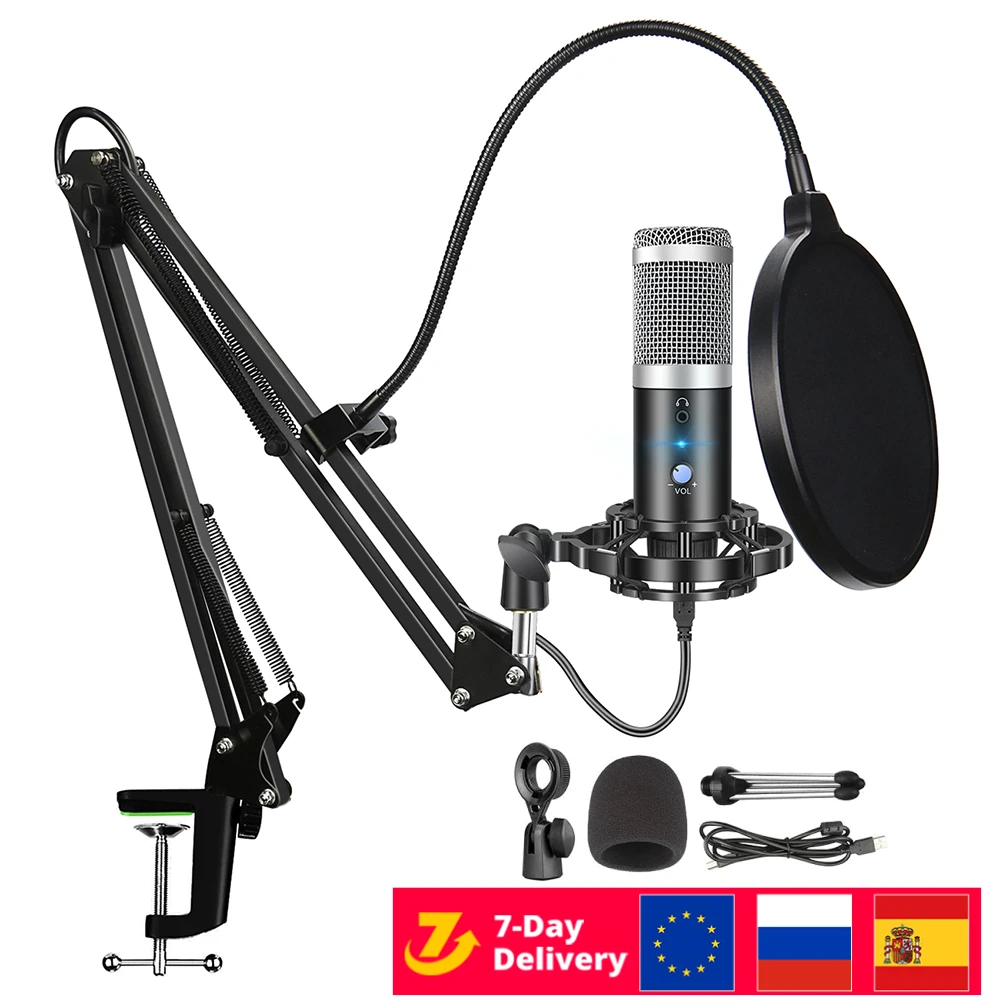 

USB Microphone PC Studio Recording Professional Condenser Microphone for Computer Podcast Streaming Gaming Mic Stand Mikrofon
