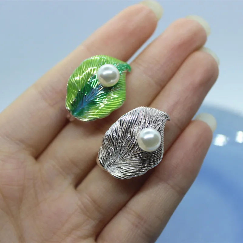 Регулируемые эмалевые кольца для влюбленных с жемчугом и листьями|Кольца| |